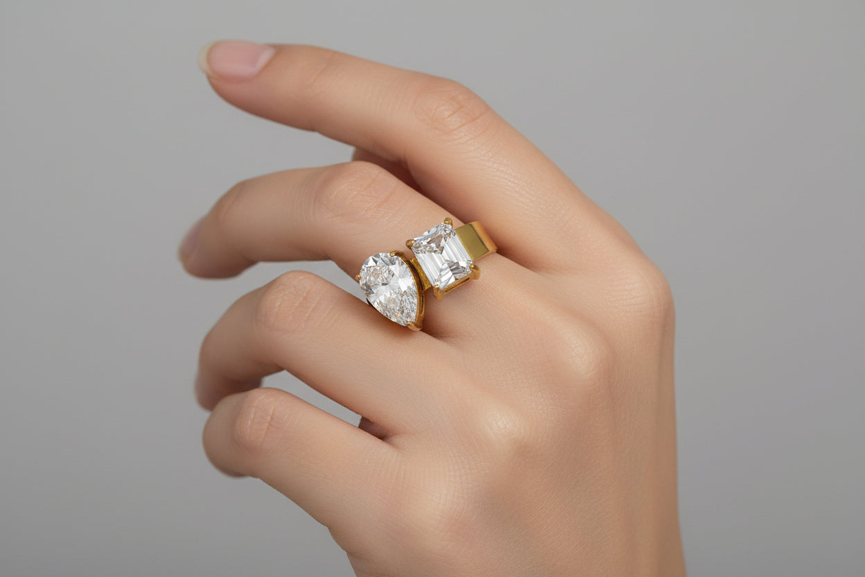 Bague avec double Zircon goutte d'eau et rectangle
