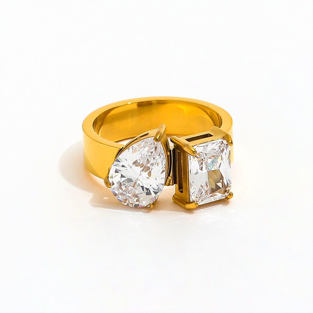 Bague avec double Zircon goutte d'eau et rectangle